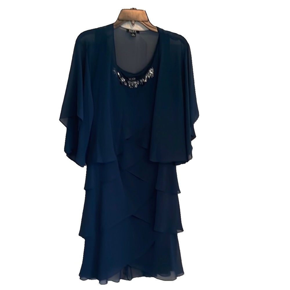 SLNY Midnight Blue Dress with Sparkling Embellishments